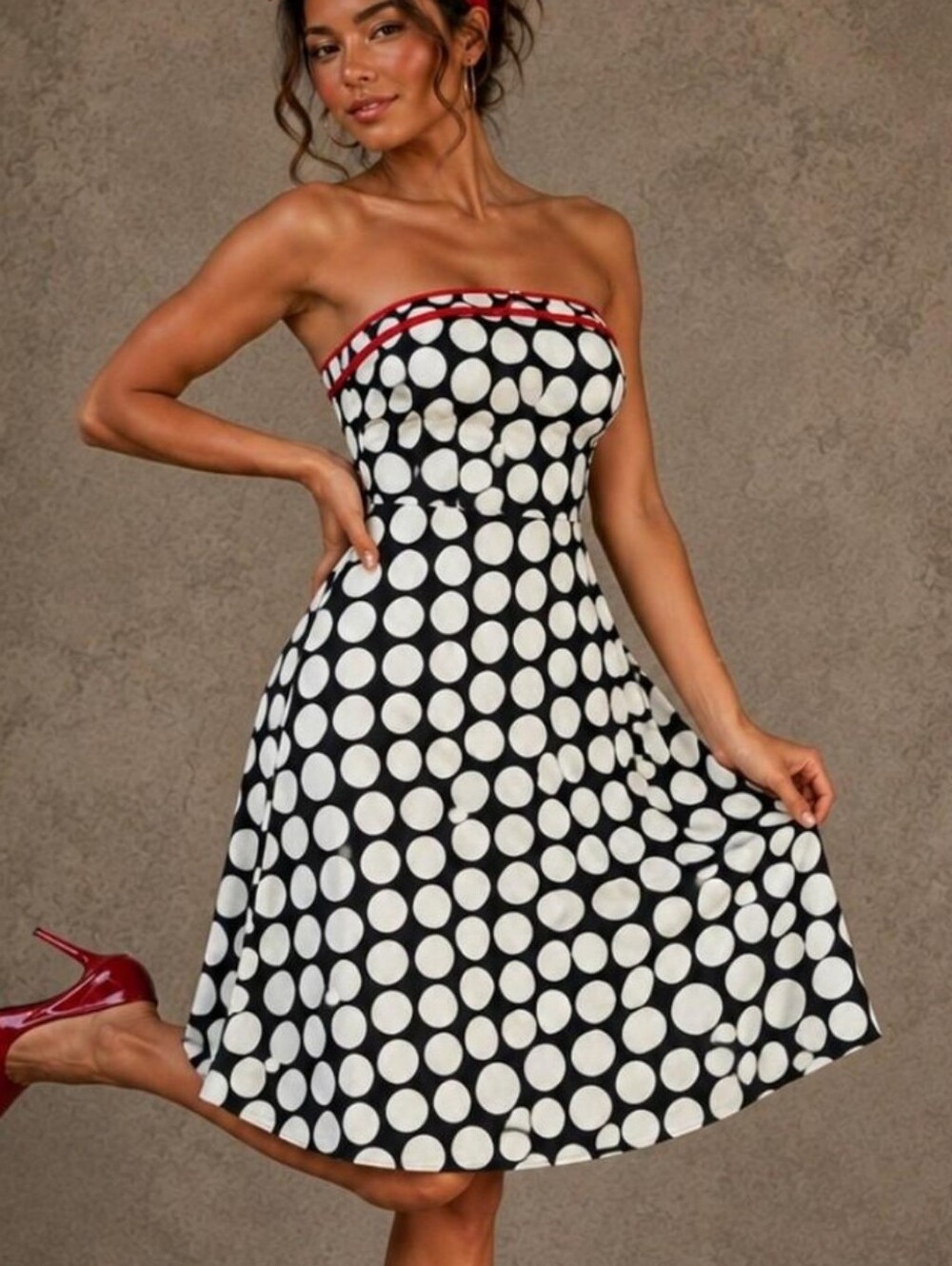 Speechless Strapless Black & White Polka Dot Dress with Red Trim